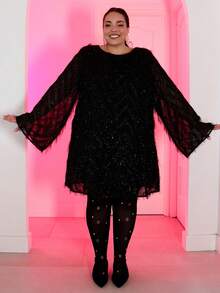 Pretty and Ole 大码女式秋冬、春夏优雅华丽性感基本款手工水钻装饰网眼面料透视紧身裤打底裤 - 黑色 - 查看 9