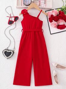 Young Girl Sleeveless Jumpsuit With Bow Decor On Shoulders Red Girls Outfit Set Red Girl Clothes Red Jumpsuit For Girls Red Kids Outfit Runway Jump Suits For Teenage Girls - Red - View 2