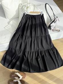 Comfortcana 大码休闲宽松松紧腰荷叶边下摆 A 字裙 - 黑色 - 查看 6