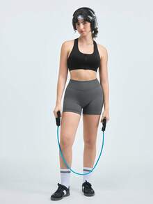 Loungeista 1件女款黑色拉鍊加墊無縫彈性運動內衣，適合夏季 - 黑色 - 查看 8