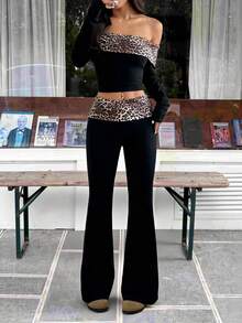 SHEIN EZwear 2pcs/Set Women's Leopard Print Off Shoulder Long Sleeve Crop Top And Flared Pants, Fashion Outfit - Black - View 1