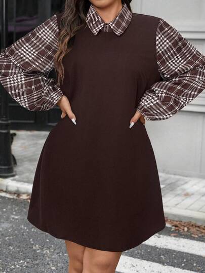 SHEIN LUNE Plus Size Women's Autumn/Winter Plaid Pattern Contrast Sleeve Shirt Collar Long Sleeve Casual Dress Thanksgiving Outfit Holiday Party Dress Party Dresses For Women Plaid Dress Women Puffy Sleeve Dress Fall Dress Autumn Dress Lantern Sleeve Dress