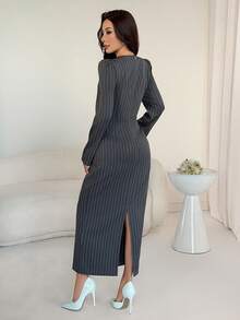 Modelyn 女士优雅灰色条纹长袖蕾丝腰A字连衣裙，秋季 - 灰色 - 查看 2