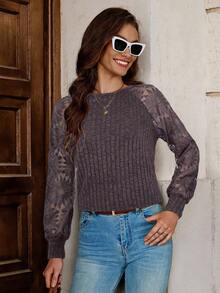 SHEIN Clasi Women's Fuzzy Patchwork Sunflower Lace T-Shirt - Coffee Brown - View 5