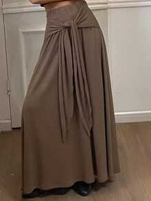 Livesso Loose Waist Drawstring Tie Knot Decor A-Line Skirt, Casual Business Vacation Street Style, Autumn/Spring - Brown - View 3