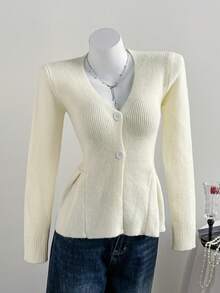 SHEIN Unity Women's Solid Color Long Sleeve V-Neck Cardigan, Versatile & Elegant, Autumn/Winter - Apricot - View 1