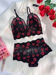 SHEIN Women's Lip Print Embroidery Lace Bra & Panty Sexy Lingerie Set - Multicolor - View 3