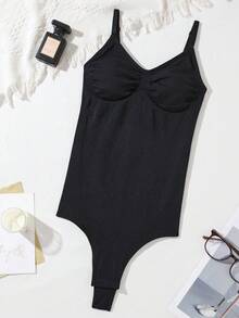 Women's Black High Stretch Plain Backless Thong Bodysuit Romantic Vintage Shapewear Tank Top With Bra