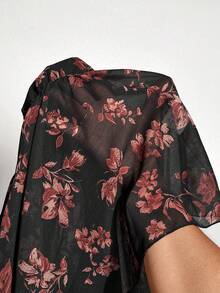 Flouryn Blusa con stampa floreale, scollo a V, maniche a lanterna, orlo con volant, stile peplum, per donne taglia comoda - nero - Visualizzare 5