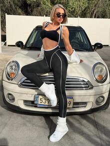 Slayform Women's Contrast Color Stripe Suspender Lifting Leggings, One Piece Backless Workout Jumpsuit,Black And White,Summer,Sexsy,Gym Casual Sports Wear - Black - View 5
