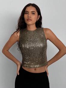 Siren Gaze Camiseta de mujer con cuello redondo y diseño de lentejuelas, versátil y elegante para fiestas - Negro - Ver 3