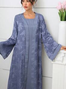 SHEIN Najma 优雅缎面拼接提花面料女式长袍 - 藍色 - 查看 6