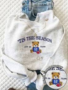 INAWLY Slogan & Football Bear Embroidered Loose Fit Fleece Crew Neck Pullover Sweatshirt For Women - Light Grey - View 1