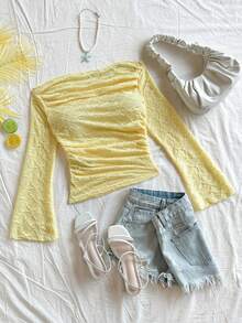 SHEIN 青少年女孩修身休闲简约舒适露肩喇叭袖长袖T恤 - 黃色 - 查看 6