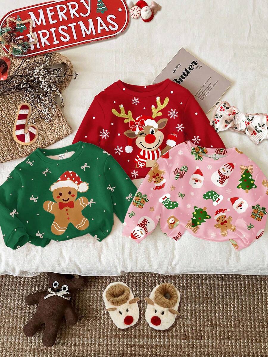 3 Stücke Baby Mädchen Weihnachts-Rentier, Schleife Lebkuchen, Weihnachtsmann, Weihnachtsbaum Grafik lässige weite dicke weiche bequeme Rundhals Langarm Sweatshirts, geeignet für Herbst/Winter Alltag, Weihnachten, Straßenmode, Zuhause - Verschiedenfarbig - Übersicht 1
