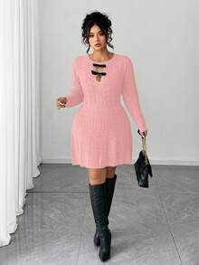 SHEIN Elenzya Đầm len dự tiệc màu trơn đính nơ thanh lịch cho nữ - Hồng - Xem 4