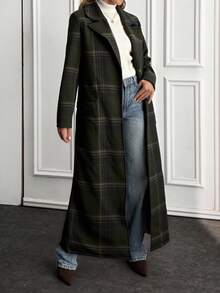 Plaid Texture, Open Front, Belted, Cashmere Overcoats - Multicolor - View 4