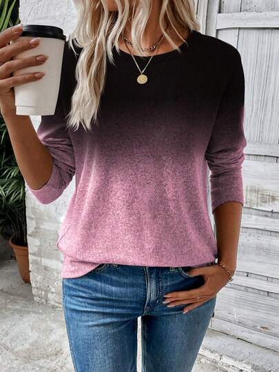 EMERY ROSE Modischer lässiger neuer Rundhals Langarm Schwarz & Rot Farbverlauf Farbblock Muster Damen T-Shirt