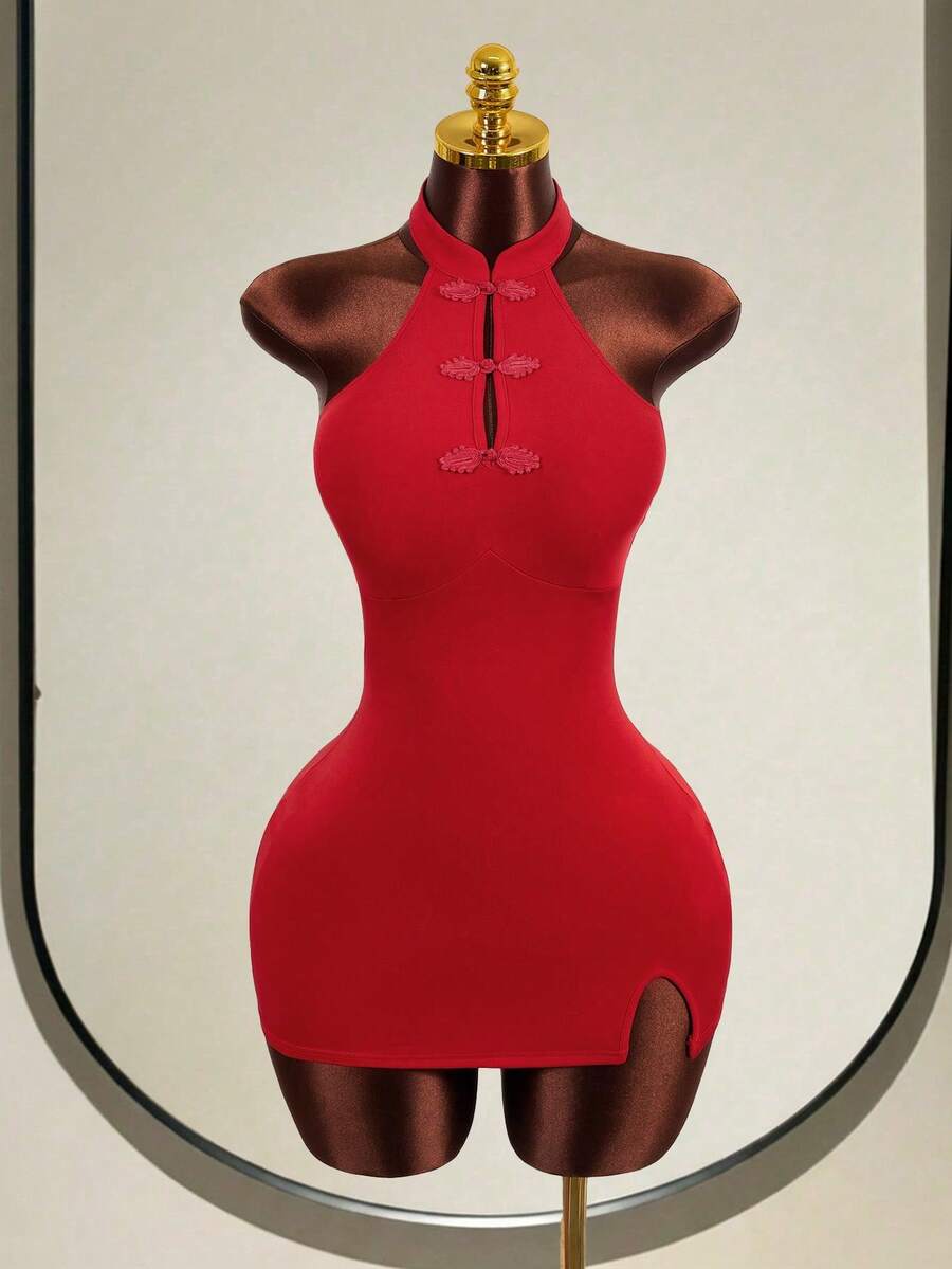 Mistrie 女士纯色简约休闲连衣裙 - 酒紅色 - 查看 1