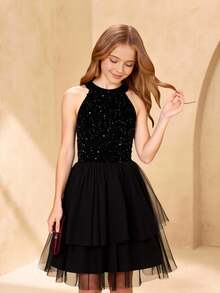 Glamorique Kids Váy dự tiệc lấp lánh màu đen cho bé gái, Váy nhung cao cấp cho sinh nhật, dịp trang trọng - màu đen - Xem 1