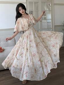 Modelyn 女士V领斗篷式收腰飘逸印花雪纺连衣裙 - 黃色 - 查看 3