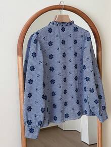SHEIN Frenchy Áo sơ mi dài tay nữ màu xanh kẻ caro thêu hoa, kiểu dáng thường ngày, thích hợp mặc đi làm, đi chơi, mùa hè, mùa xuân, mọi mùa, phong cách công sở, kiểu Pháp, thanh lịch, thích hợp mặc đi làm. - Nhiều màu - Xem 2