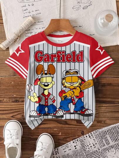 GARFIELD | SHEIN 男童休闲日常通勤时尚街头运动趣味卡通字母条纹图案撞色短袖T恤，夏季