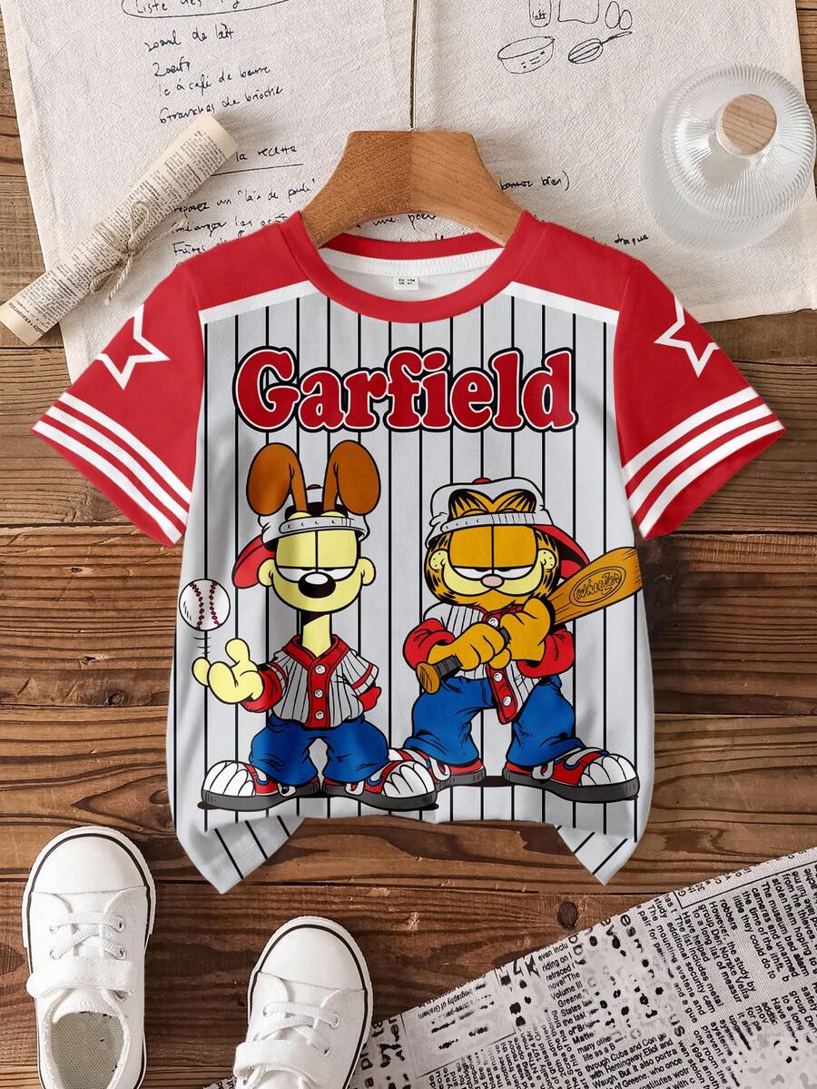 GARFIELD | SHEIN 男童休闲日常通勤时尚街头运动趣味卡通字母条纹图案撞色短袖T恤，夏季 - 白色 - 查看 1