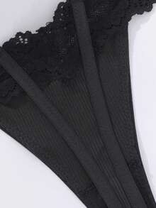 SHEIN Women's Fashion Lace Trim Sexy G-String Panties - Black - View 3