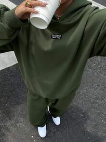 Muchica Women's Autumn/Winter New Olive Green Thermal Lined Casual Loose Hoodie And Sweatpants 2 Pieces Set Hoodie And Sweatpants Set 2 Piece Casual Sets Woman Sweatsuits Sets For Women - Army Green - View 6