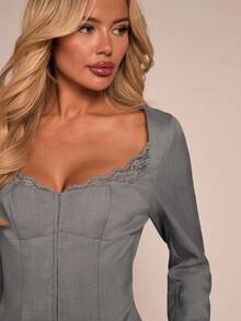 Glamine Sexy Office Lady Style Contrast Lace Buttoned Fitted Long Sleeve Jacket, Suitable For Office Wear And Everyday Casual - Grey - View 3