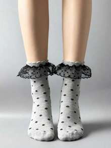 ROMWE Kawaii 女士波点图案网眼拼接荷叶边可爱船袜 - 多色A1 - 查看 4