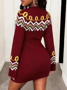 BamGleam 女士毛衣连衣裙，费尔岛图案，纽扣开襟衫，长袖，圆领，提花面料，带口袋，短款，修身，休闲，性感毛衣连衣裙 - 酒紅色 - 查看 2