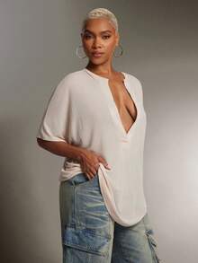 Denimoi 半透明深V领翻领宽松上衣 时尚街头风性感上衣 宽松Polo衫 - 杏色 - 查看 4