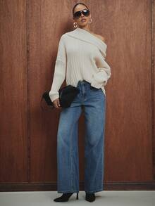 Hauture Off Shoulder Solid Color Sweater, Fashionable For Commuting, Autumn/Winter - Apricot - View 5
