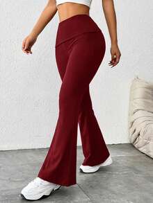 SHEIN PETITE 女士纯色喇叭紧身裤翻边打底裤弹力靴型喇叭裤瑜伽裤Y2K慢跑裤 - 酒紅色 - 查看 4