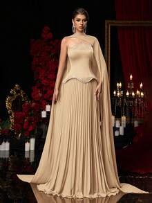 Glamrae 优雅香槟色不对称串珠抹胸长裙，搭配褶裥A字裙摆（可拆卸挂脖），适合约会、度假、派对、婚礼、正式场合等场合。 - 駝色 - 查看 4