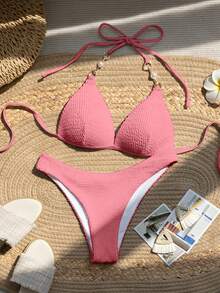 Swim Mod Solid Color Textured Bikini Set, Vacation & Beach - Pink - View 5