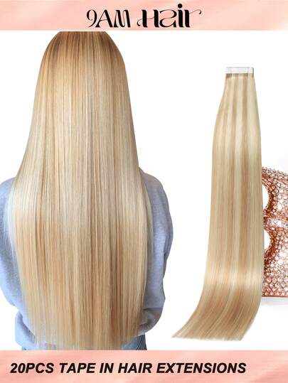 100%真人发接发片 #P27/613 金棕色挑染浅金色直发，长度14-22英寸，丝滑无痕，隐形效果，顶级品质，发尾浓密，健康真人发接发片，50克/包，适合细软发质及沙龙使用