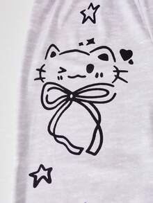 SHEIN ChillGRL 2件套少女可爱猫咪图案圆领T恤和阔腿裤套装 - 彩色 - 查看 7