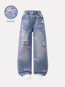 SHEIN ChillGRL Tween Girls' New 2025 Autumn & Winter Washed Butterfly Print Distressed Wide Leg Jeans. Y2K Preppy Streetwear Casual Cute Retro, Suitable For Daily Outings And School - Light Wash - View 8