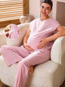 SHEIN 2pcs Maternity Casual Loose Comfortable Top And Pants Set Sleep Wear Women Breast Feeding Clothes Maternity Sets Cotton Maternity Clothes Maternity Clothes Two Piece Suits,Maternity Clothes - Pink - View 3