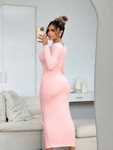 SHEIN SXY Váy len dệt kim cổ tròn tay dài thu đông cho nữ, màu hồng nhạt - Màu Hồng baby - Xem 2