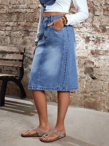 EMERY ROSE 女士高腰口袋直筒宽松休闲牛仔裙 - 藍色 - 查看 7