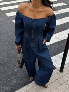 Siren Gaze 休闲街头风露肩长袖女式牛仔连体裤 - 深色水洗藍 - 查看 6
