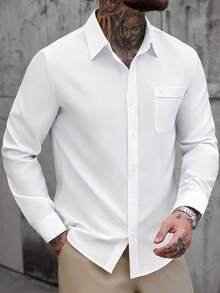 Manfinity CasualCool 男士纯色抗皱单口袋休闲商务长袖衬衫，秋季款 - 白色 - 查看 7