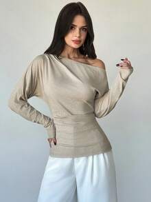 Firerie Women's Elegant Unique Asymmetrical Shoulder Ruched Long Sleeve T-Shirt,Khaki Thermal Lined Pullover,Autumn Brunch Elegant Casual Waist Pleated Top - Apricot - View 7
