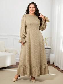 Modelyn Váy maxi Ả Rập dài tay thanh lịch viền bèo nhún màu trơn cỡ lớn dành cho nữ - Màu Khaki - Xem 7