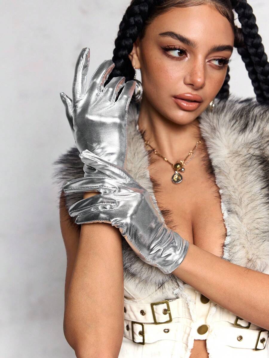 ROMWE Grunge Punk 1pair Women Solid Full Finger Gloves - Silver - View 1