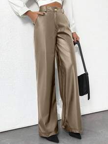 EURMUSE Prive Gold Button Detailed Straight Fit Leather Pant - Mocha Brown - View 5